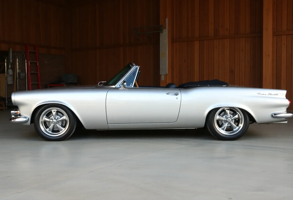 A beautifully restored classic silver convertible car parked in a garage.
