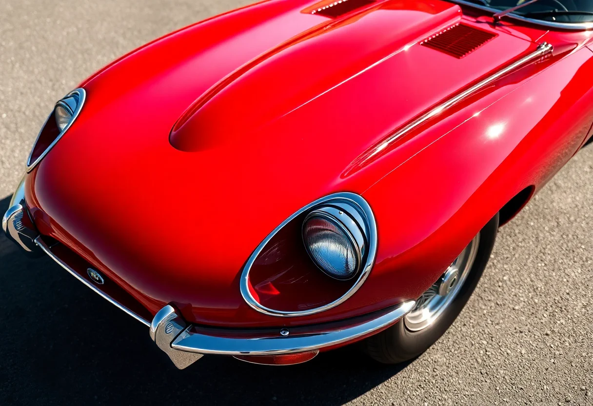 A beautifully restored Jaguar E-Type gleaming under the sun, showcasing its flawless red paint after professional detailing.