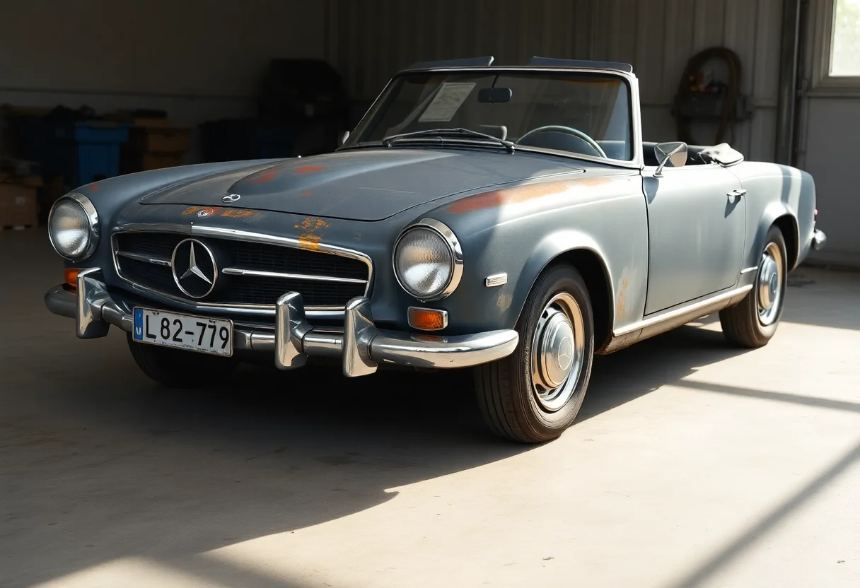 A classic Mercedes-Benz 230SL before restoration, showing faded paint and dull chrome.