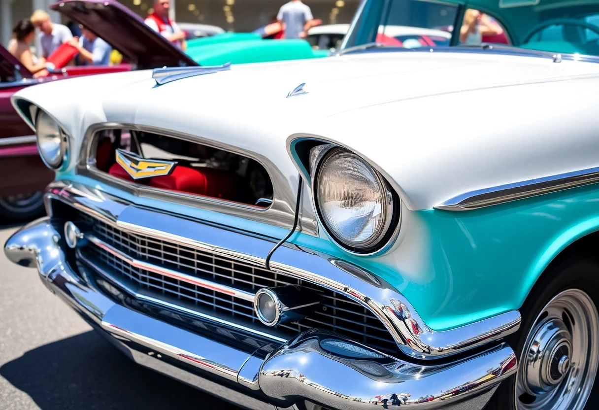 A stunning, fully restored 1957 Chevrolet Bel Air in two-tone color, shining brightly at a car show.