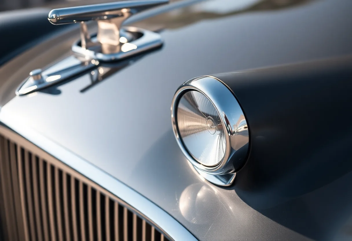 Close-up of a gleaming chrome detail on a vintage luxury car