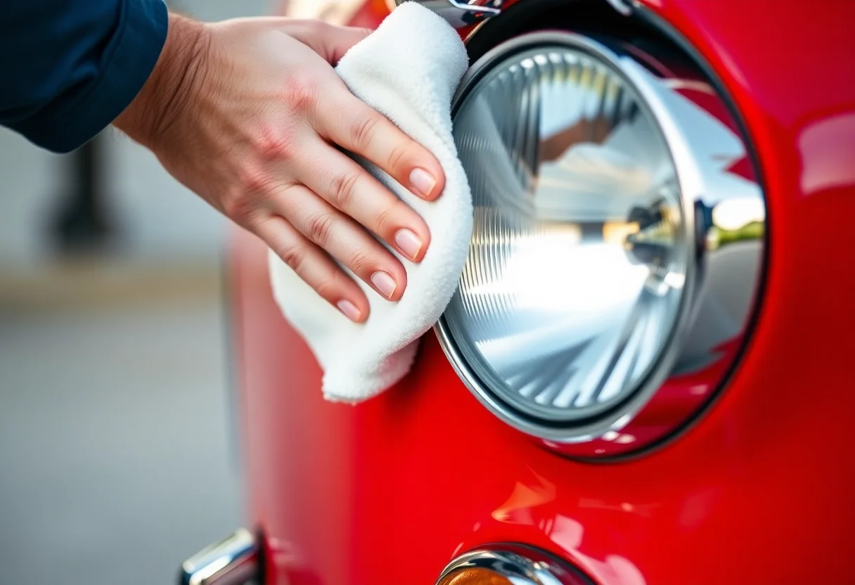 Close-up of a hand polishing the chrome headlight of a classic red car.