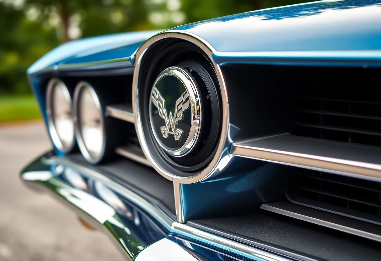 Front grille and emblem of a classic blue american muscle car.