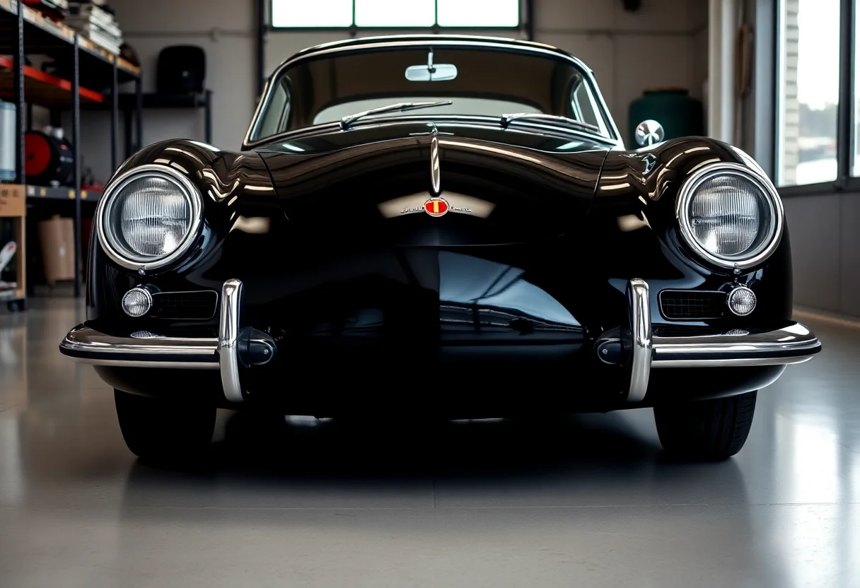 Front view of a shiny black vintage car in a garage