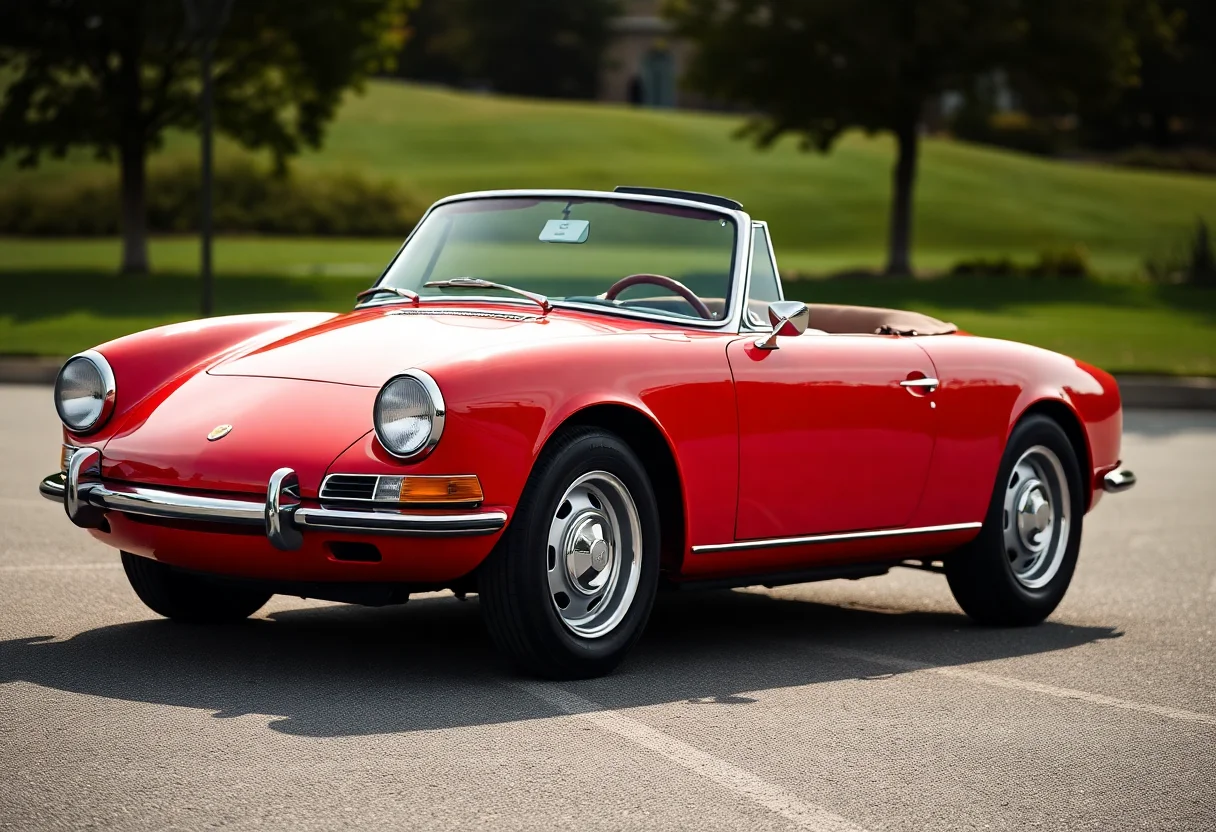 Side view of a pristine red classic sports car.