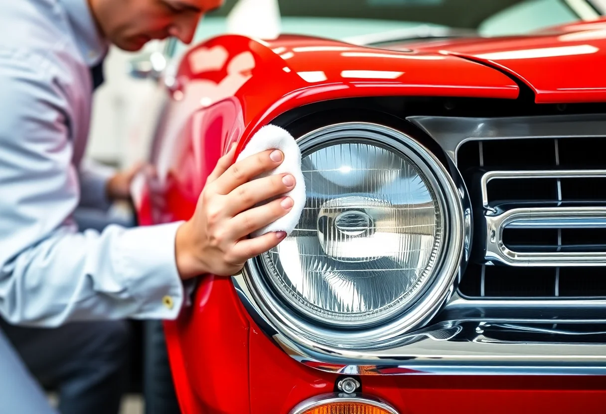 Technician carefully polishing the chrome headlight of a classic red car.